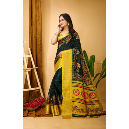 Generic Women's Soft Dola Cotton Kalamkari Printed Saree With Unstitched Blouse 5.5Mtr (Green)