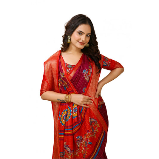 Generic Women's Soft Dola Cotton Kalamkari Printed Saree With Unstitched Blouse 5.5Mtr (Maroon)