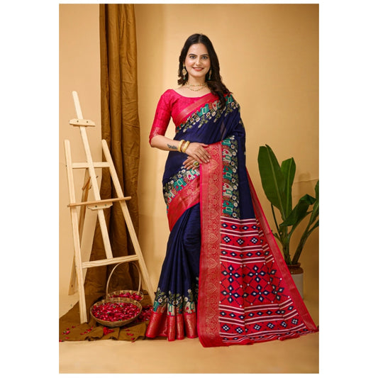 Generic Women's Soft Dola Cotton Kalamkari Printed Saree With Unstitched Blouse 5.5Mtr (Navy Blue)