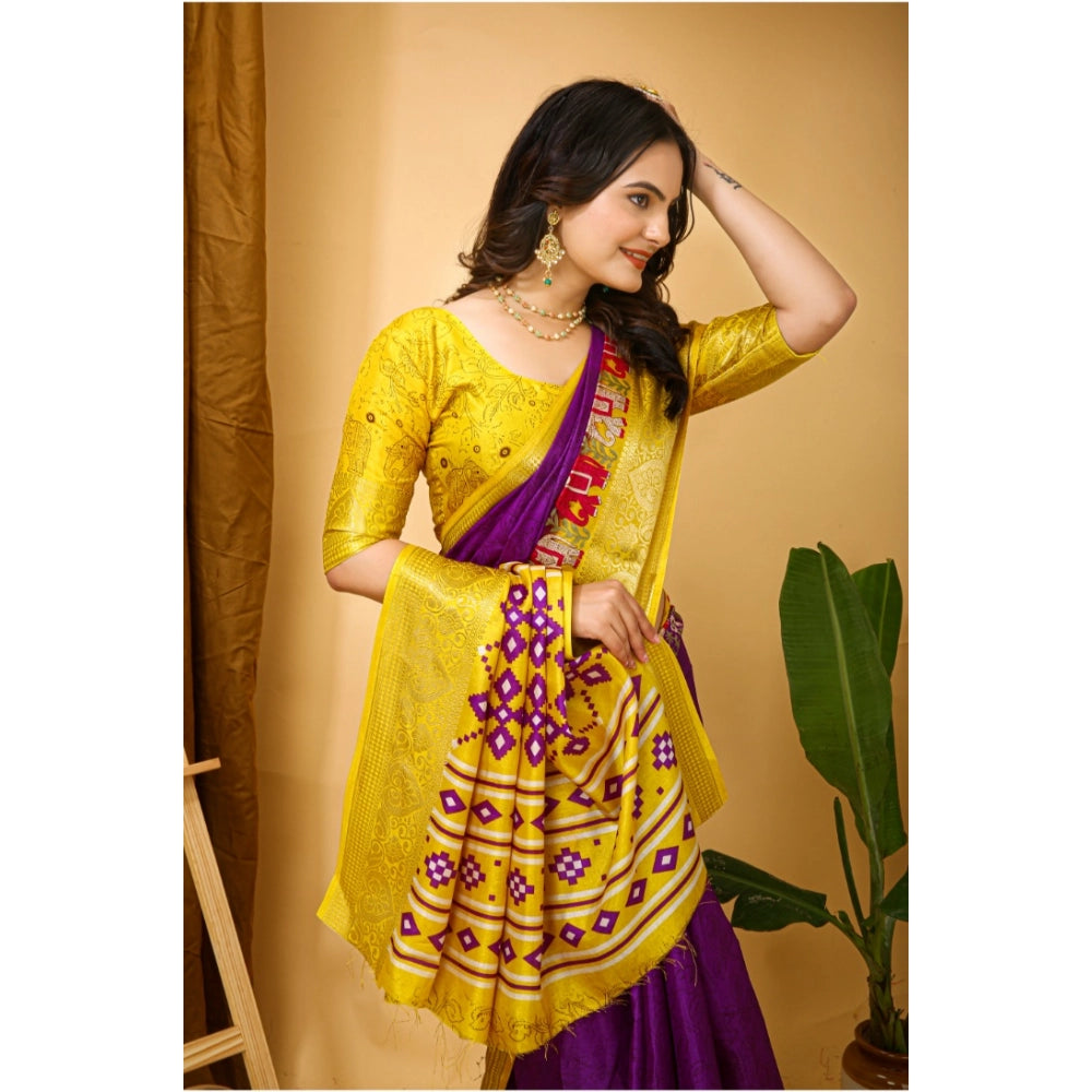 Generic Women's Soft Dola Cotton Kalamkari Printed Saree With Unstitched Blouse 5.5Mtr (Purple)