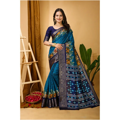Generic Women's Soft Dola Cotton Kalamkari Printed Saree With Unstitched Blouse 5.5Mtr (Blue)