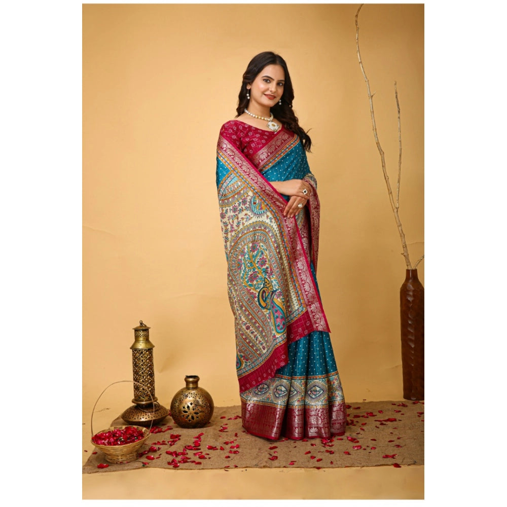 Generic Women's Soft Dola Cotton Kalamkari Printed Saree With Unstitched Blouse 5.5Mtr (Sky Blue)