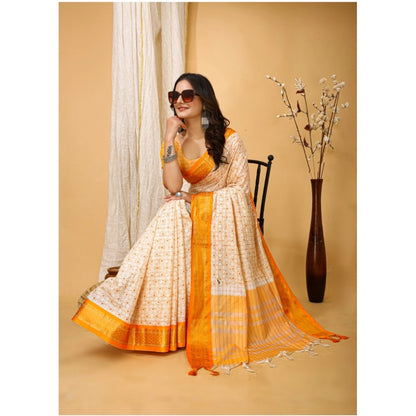 Generic Women's Soft Cotton Silk Printed Saree With Unstitched Blouse 5.5Mtr (Yellow)