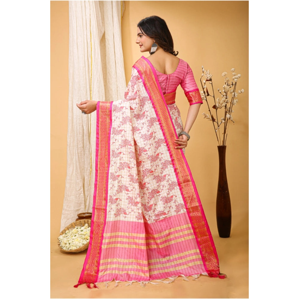 Generic Women's Soft Cotton Silk Printed Saree With Unstitched Blouse 5.5Mtr (Pink)
