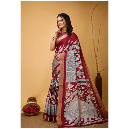 Generic Women's Soft Handloom Cotton Kalamkari Printed Saree With Unstitched Blouse 5.5Mtr (Maroon)