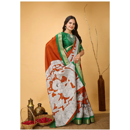 Generic Women's Soft Handloom Cotton Kalamkari Printed Saree With Unstitched Blouse 5.5Mtr (Orange)