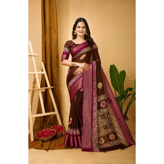 Generic Women's Soft Blooming Marshmallow Fabric Kalamkari Printed Saree With Unstitched Blouse 5.5Mtr (Maroon)