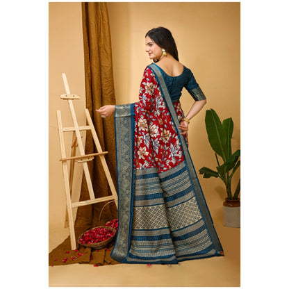 Generic Women's Soft Dola Cotton Kalamkari Printed Saree With Unstitched Blouse 5.5Mtr (Red)