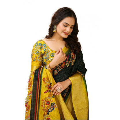 Generic Women's Soft Dola Cotton Kalamkari Printed Saree With Unstitched Blouse 5.5Mtr (Green)