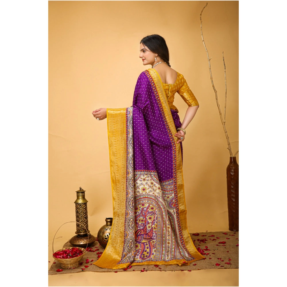 Generic Women's Soft Dola Cotton Kalamkari Printed Saree With Unstitched Blouse 5.5Mtr (Purple)