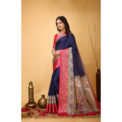 Generic Women's Soft Dola Cotton Kalamkari Printed Saree With Unstitched Blouse 5.5Mtr (Navy Blue)