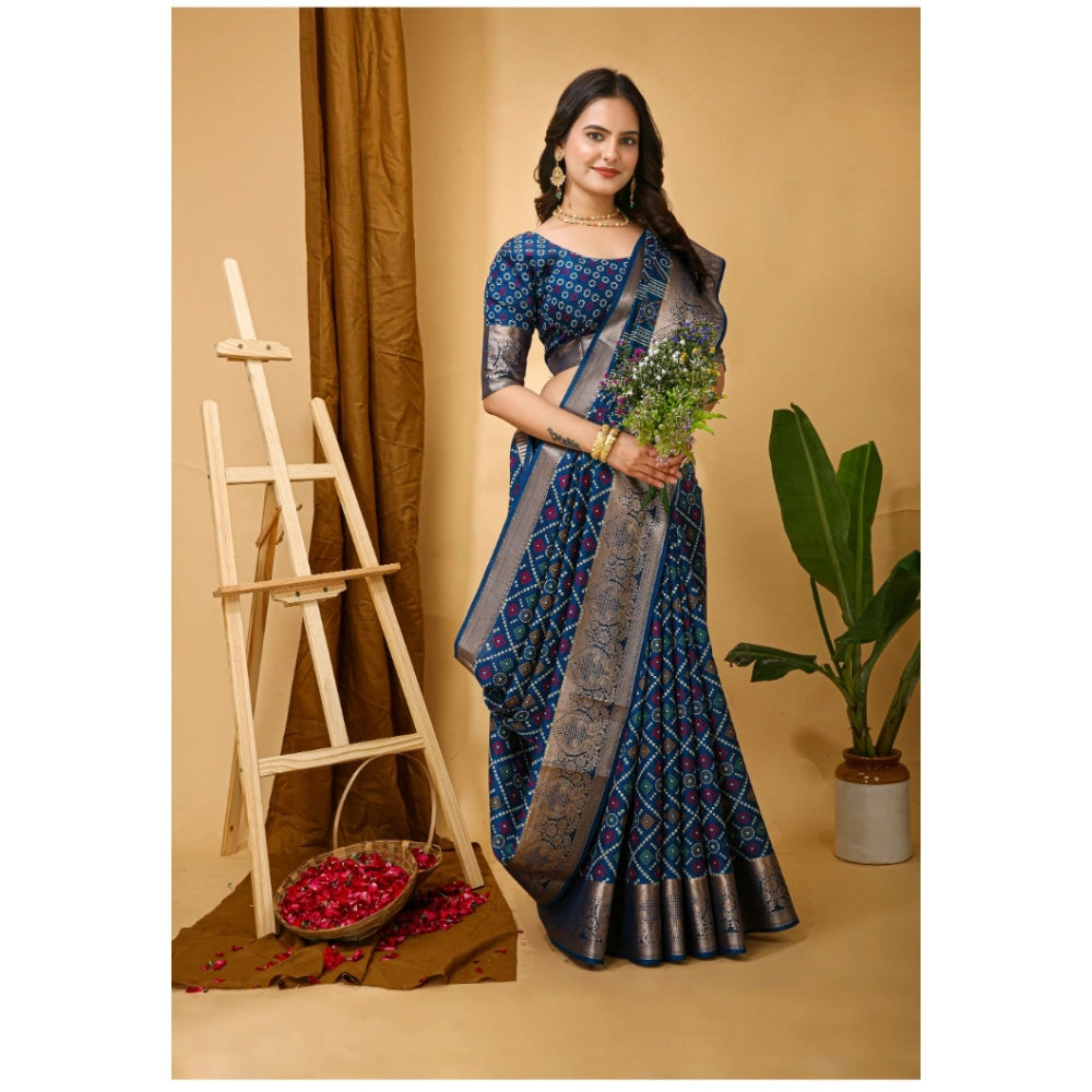 Generic Women's Soft Dola Cotton Kalamkari Printed Saree With Unstitched Blouse 5.5Mtr (Blue)