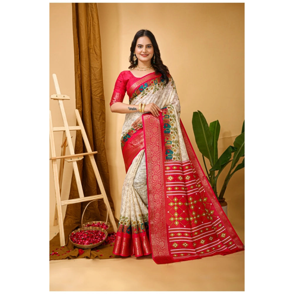 Generic Women's Soft Dola Cotton Kalamkari Printed Saree With Unstitched Blouse 5.5Mtr (White)