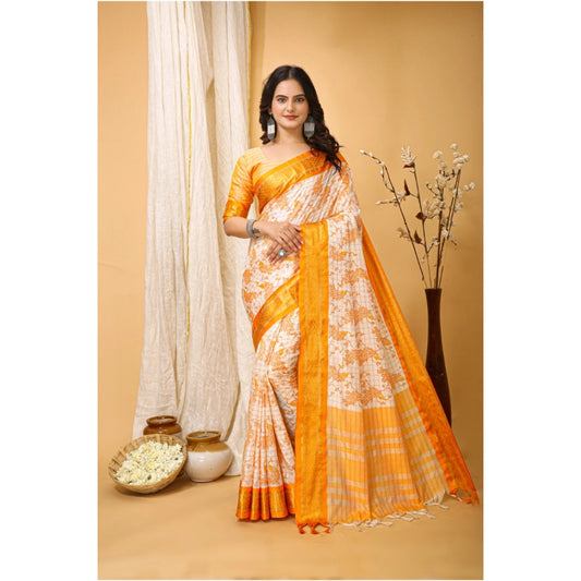 Generic Women's Soft Cotton Silk Printed Saree With Unstitched Blouse 5.5Mtr (Yellow)