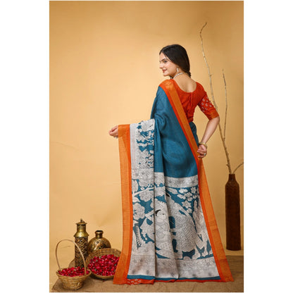 Generic Women's Soft Handloom Cotton Kalamkari Printed Saree With Unstitched Blouse 5.5Mtr (Teal Blue)