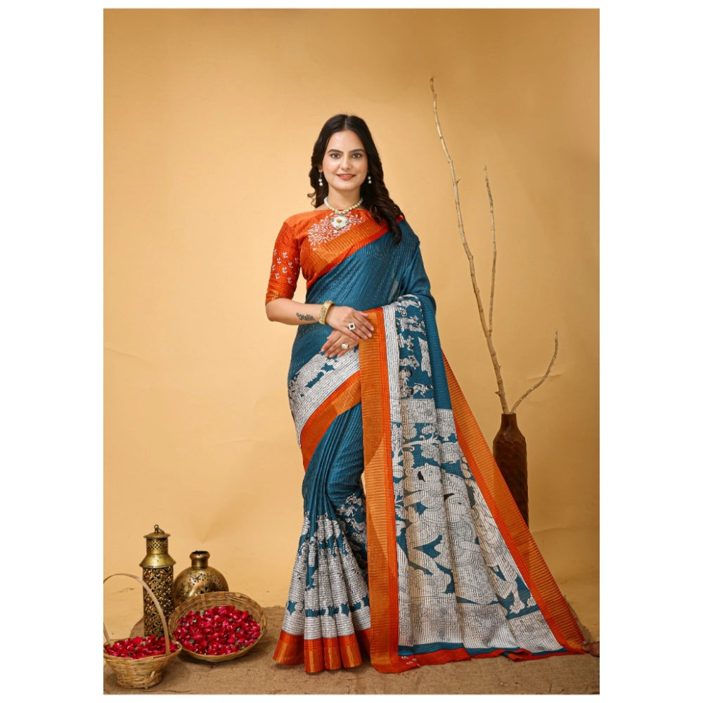 Generic Women's Soft Handloom Cotton Kalamkari Printed Saree With Unstitched Blouse 5.5Mtr (Teal Blue)