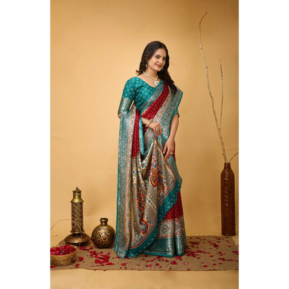 Generic Women's Soft Dola Cotton Kalamkari Printed Saree With Unstitched Blouse 5.5Mtr (Red)