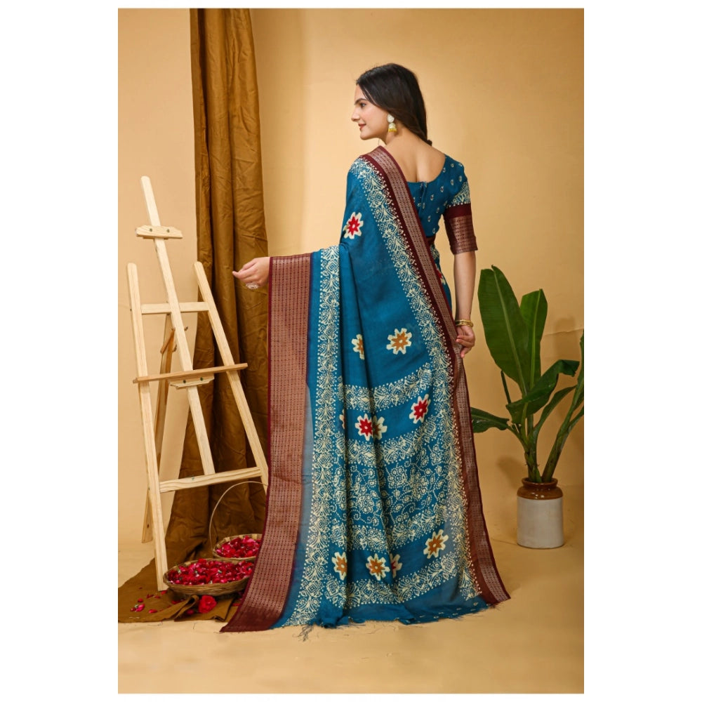 Generic Women's Soft Blooming Marshmallow Fabric Kalamkari Printed Saree With Unstitched Blouse 5.5Mtr (Blue)
