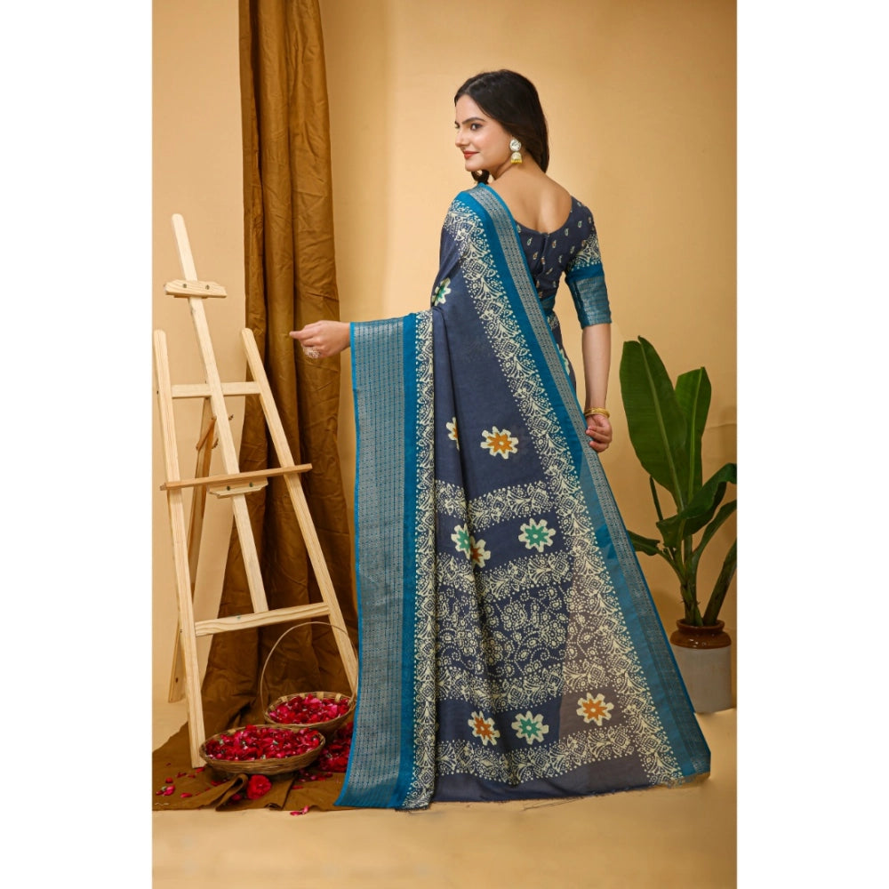 Generic Women's Soft Blooming Marshmallow Fabric Kalamkari Printed Saree With Unstitched Blouse 5.5Mtr (Grey)