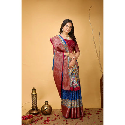 Generic Women's Soft Dola Cotton Kalamkari Printed Saree With Unstitched Blouse 5.5Mtr (Blue)