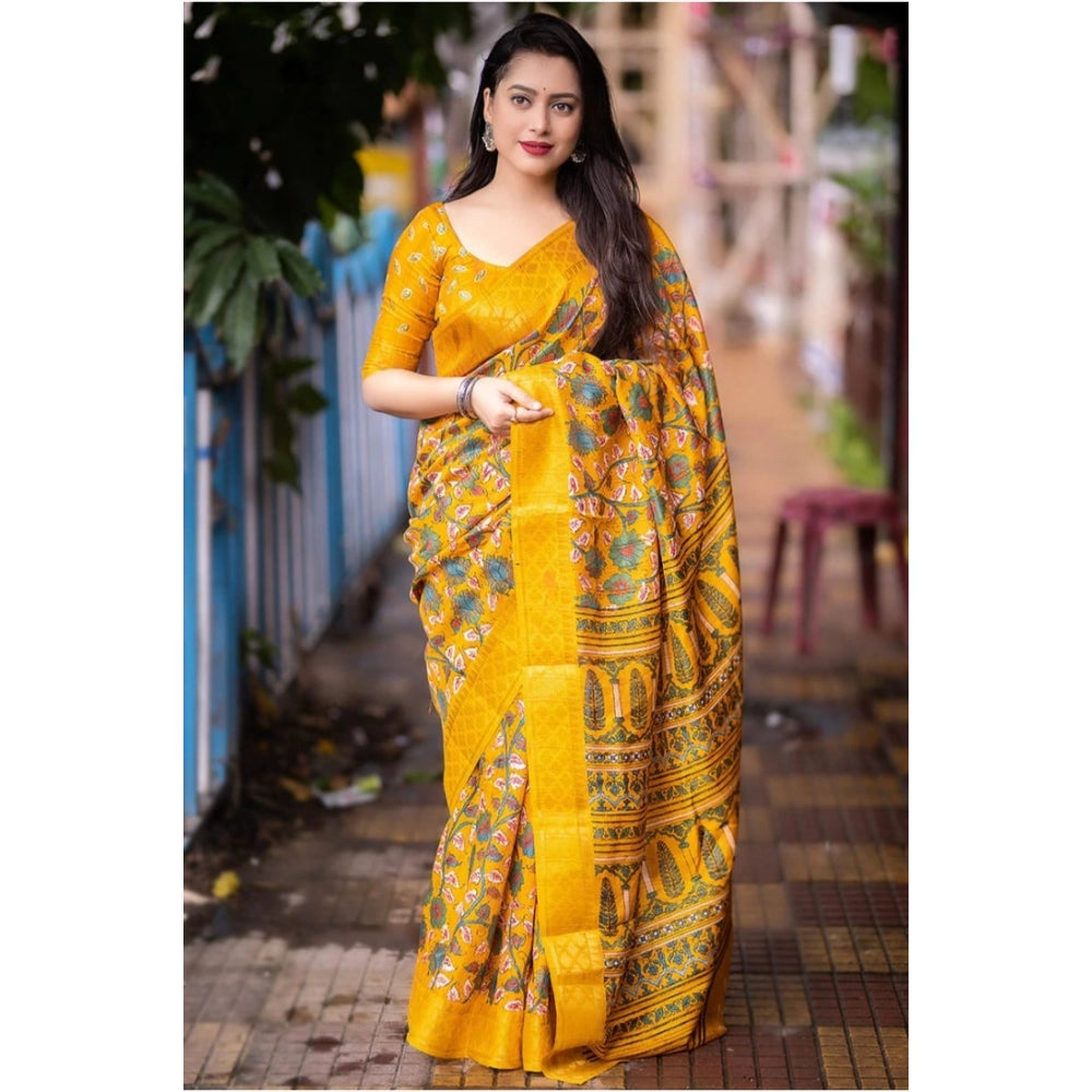 Generic Women's Soft Dola Cotton Kalamkari Printed Saree With Unstitched Blouse 5.5Mtr (Yellow)