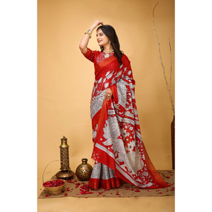 Generic Women's Soft Handloom Cotton Kalamkari Printed Saree With Unstitched Blouse 5.5Mtr (Red)