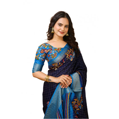 Generic Women's Soft Dola Cotton Kalamkari Printed Saree With Unstitched Blouse 5.5Mtr (Navy Blue)