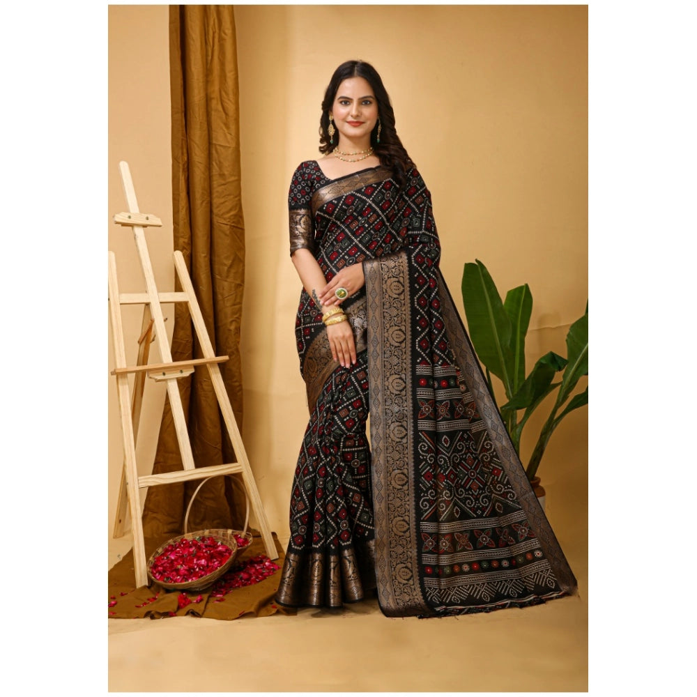Generic Women's Soft Dola Cotton Kalamkari Printed Saree With Unstitched Blouse 5.5Mtr (Black)