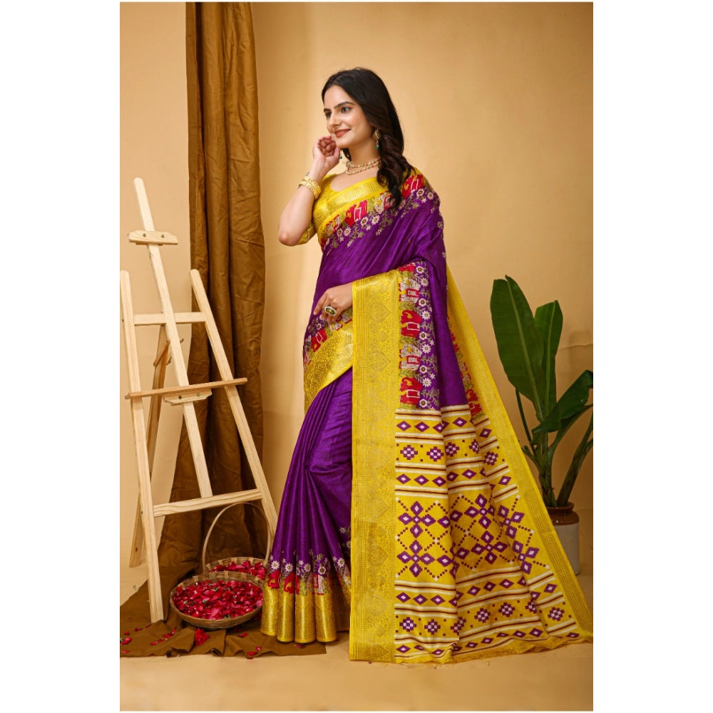 Generic Women's Soft Dola Cotton Kalamkari Printed Saree With Unstitched Blouse 5.5Mtr (Purple)