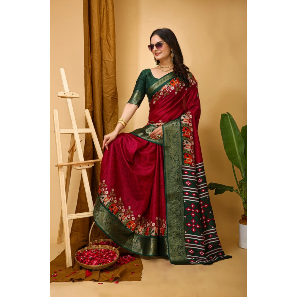 Generic Women's Soft Dola Cotton Kalamkari Printed Saree With Unstitched Blouse 5.5Mtr (Red)