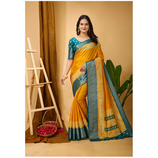 Generic Women's Soft Dola Cotton Kalamkari Printed Saree With Unstitched Blouse 5.5Mtr (Yellow)