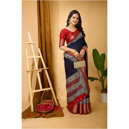 Generic Women's Soft Dola Cotton Kalamkari Printed Saree With Unstitched Blouse 5.5Mtr (Navy Blue)