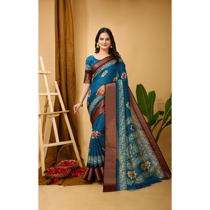 Generic Women's Soft Blooming Marshmallow Fabric Kalamkari Printed Saree With Unstitched Blouse 5.5Mtr (Blue)
