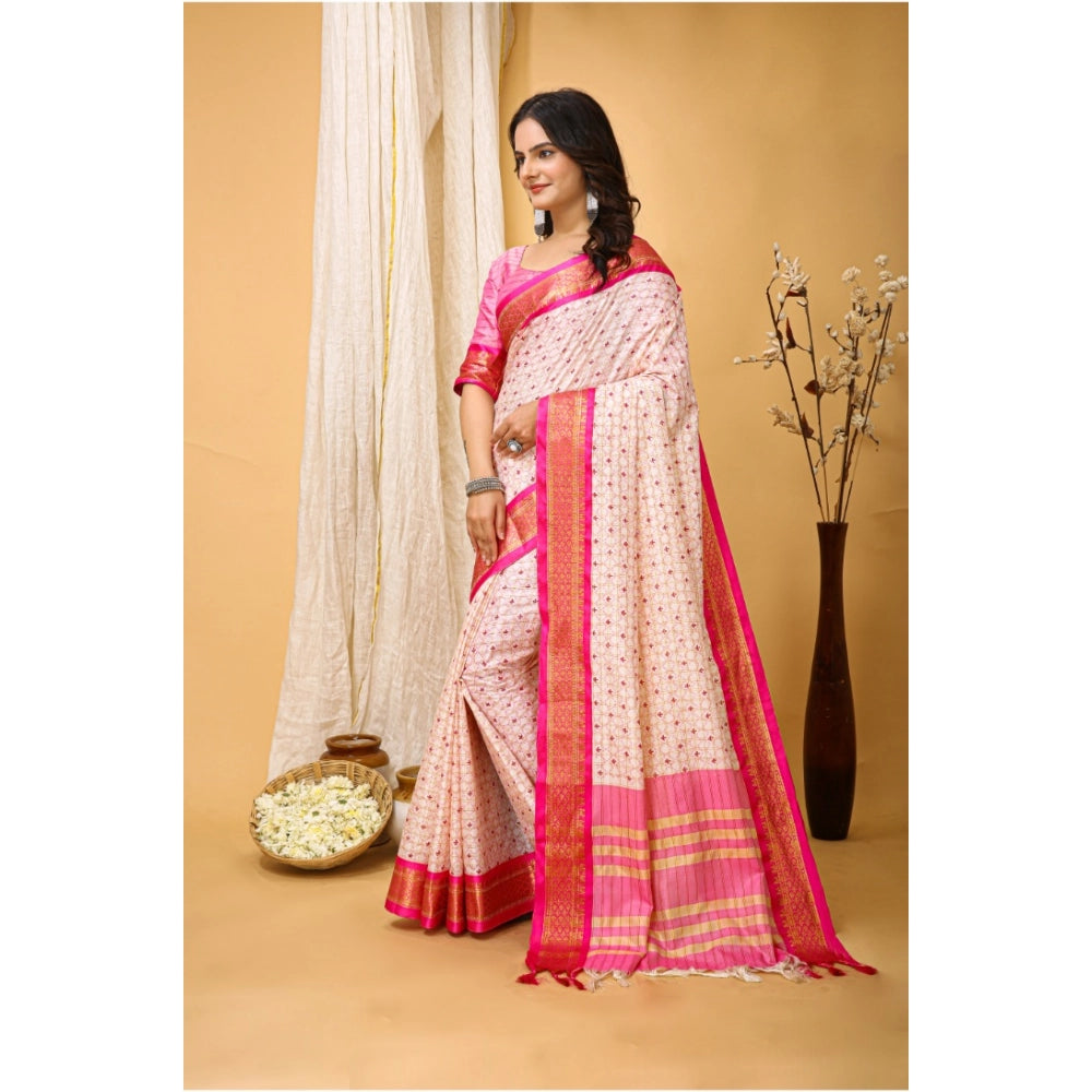 Generic Women's Soft Cotton Silk Printed Saree With Unstitched Blouse 5.5Mtr (Pink)
