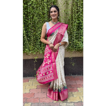 Generic Women's Soft Dola Cotton Kalamkari Printed Saree With Unstitched Blouse 5.5Mtr (White)