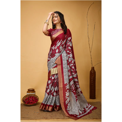 Generic Women's Soft Handloom Cotton Kalamkari Printed Saree With Unstitched Blouse 5.5Mtr (Maroon)