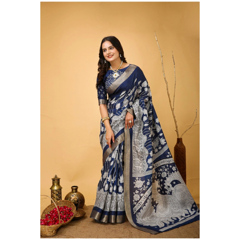 Generic Women's Soft Handloom Cotton Kalamkari Printed Saree With Unstitched Blouse 5.5Mtr (Blue)