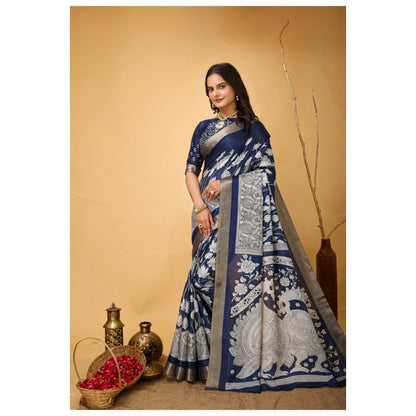 Generic Women's Soft Handloom Cotton Kalamkari Printed Saree With Unstitched Blouse 5.5Mtr (Blue)