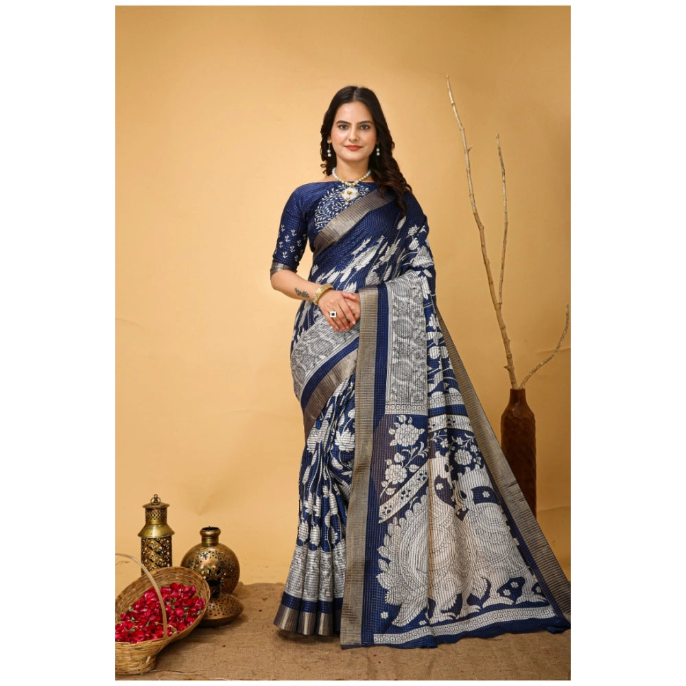 Generic Women's Soft Handloom Cotton Kalamkari Printed Saree With Unstitched Blouse 5.5Mtr (Blue)