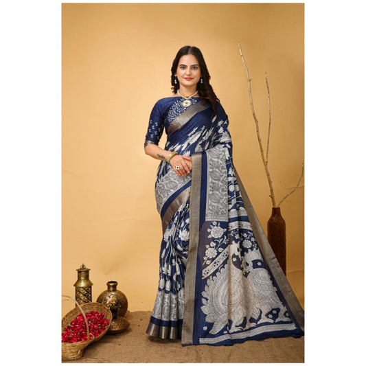 Generic Women's Soft Handloom Cotton Kalamkari Printed Saree With Unstitched Blouse 5.5Mtr (Blue)
