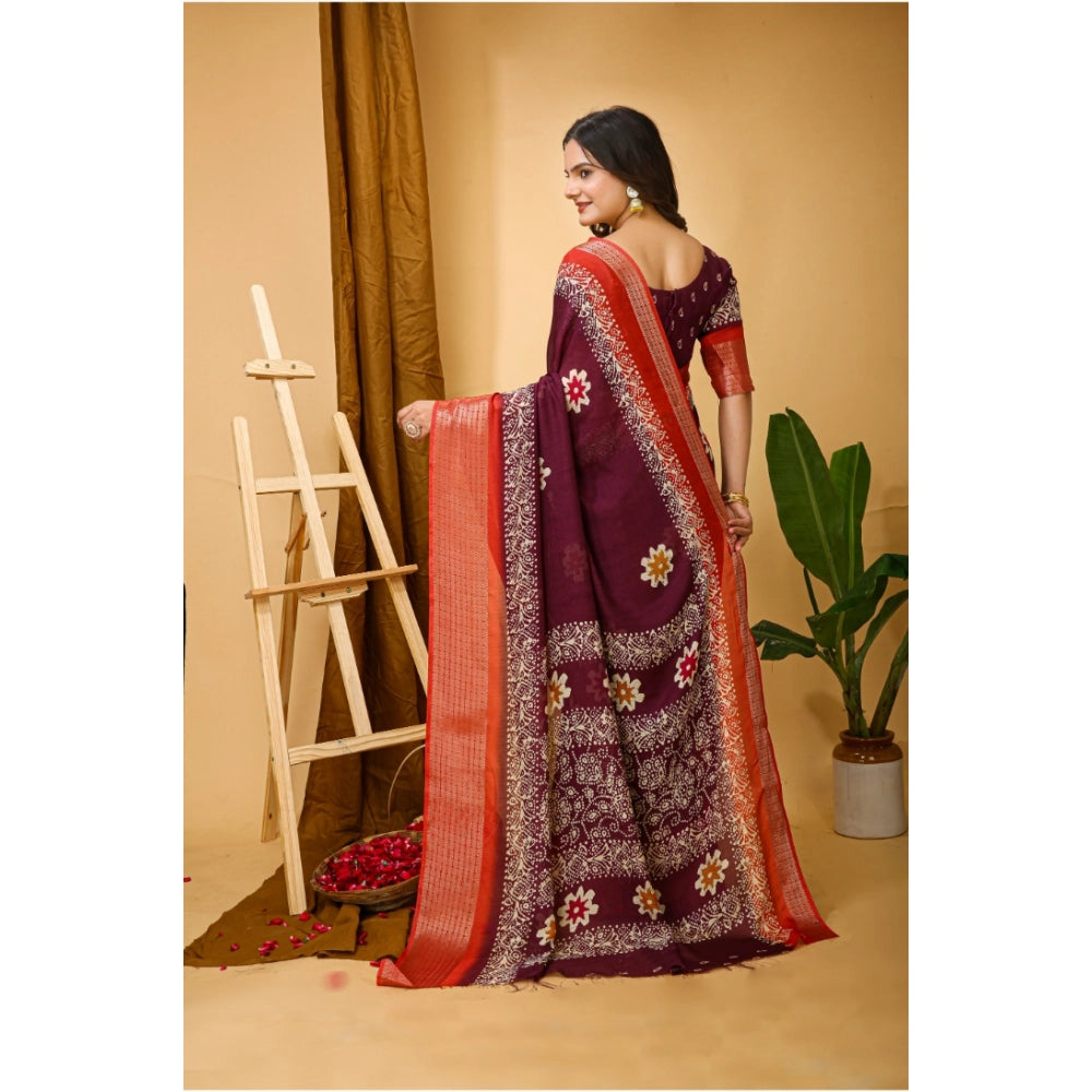 Generic Women's Soft Blooming Marshmallow Fabric Kalamkari Printed Saree With Unstitched Blouse 5.5Mtr (Wine)