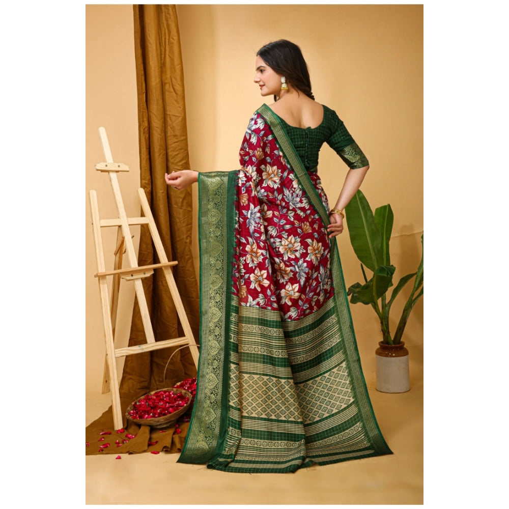 Generic Women's Soft Dola Cotton Kalamkari Printed Saree With Unstitched Blouse 5.5Mtr (Maroon)