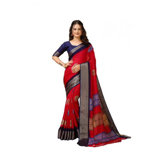 Generic Women's Soft Blooming Marshmallow Fabric Kalamkari Printed Saree With Unstitched Blouse 5.5Mtr (Red)