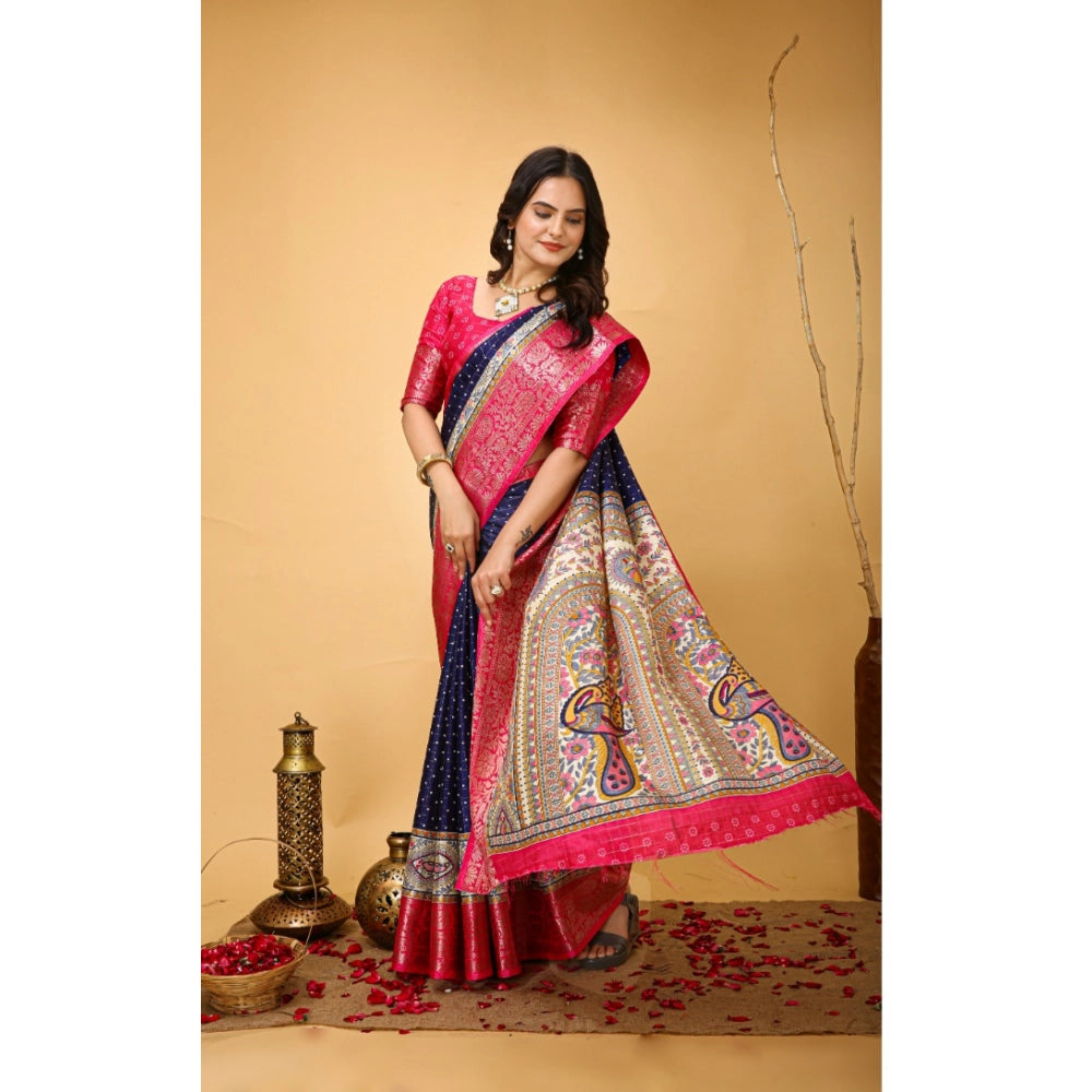 Generic Women's Soft Dola Cotton Kalamkari Printed Saree With Unstitched Blouse 5.5Mtr (Navy Blue)
