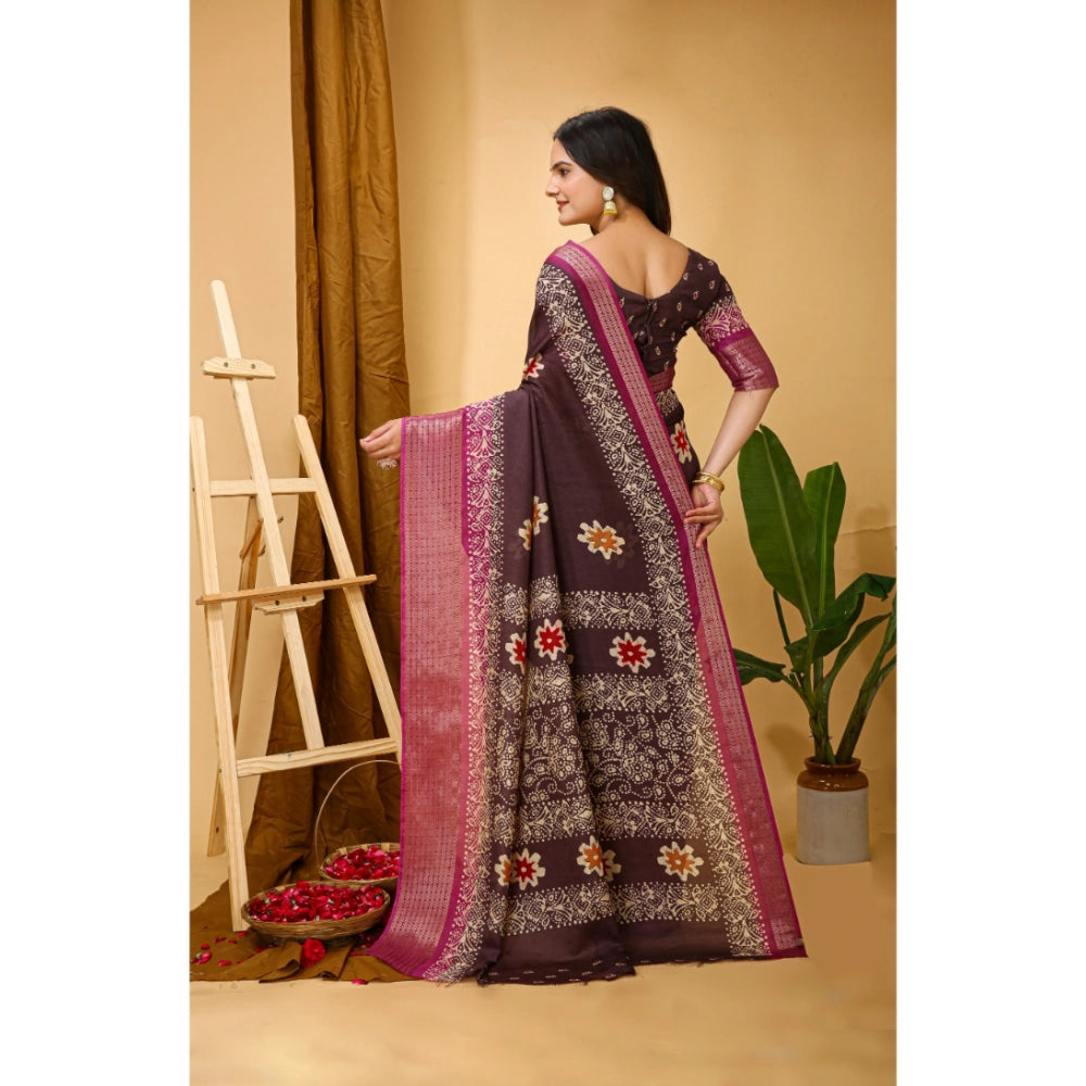 Generic Women's Soft Blooming Marshmallow Fabric Kalamkari Printed Saree With Unstitched Blouse 5.5Mtr (Maroon)