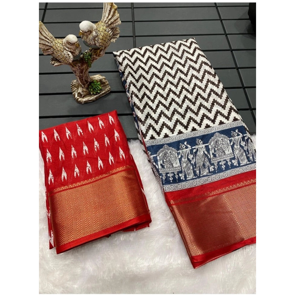 Generic Women's Soft Dola Cotton Kalamkari Printed Saree With Unstitched Blouse 5.5Mtr (Red)