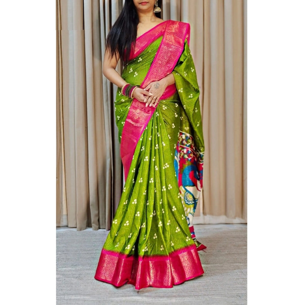 Generic Women's Soft Dola Cotton Kalamkari Printed Saree With Unstitched Blouse 5.5Mtr (Green)
