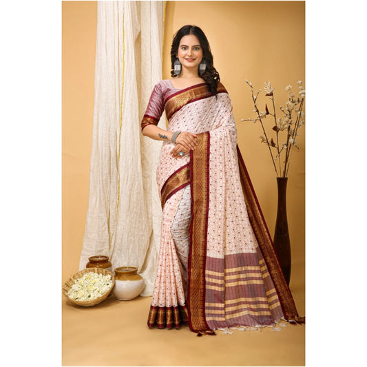 Generic Women's Soft Cotton Silk Printed Saree With Unstitched Blouse 5.5Mtr (Maroon)