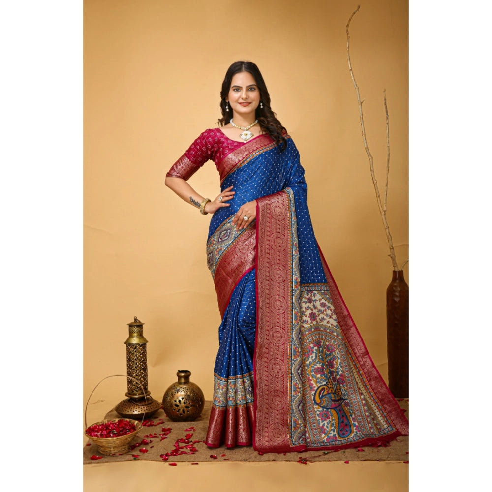 Generic Women's Soft Dola Cotton Kalamkari Printed Saree With Unstitched Blouse 5.5Mtr (Blue)
