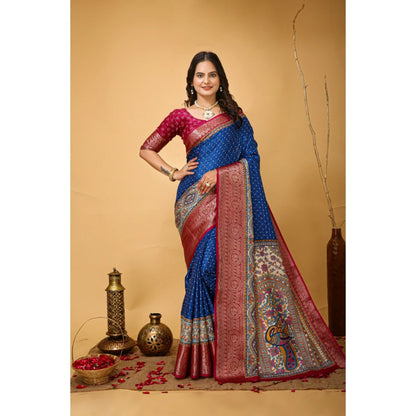 Generic Women's Soft Dola Cotton Kalamkari Printed Saree With Unstitched Blouse 5.5Mtr (Blue)